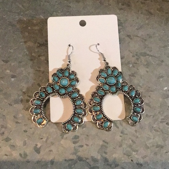 Squash Blossom style faux Turquoise dangle earrings. - Picture 1 of 2